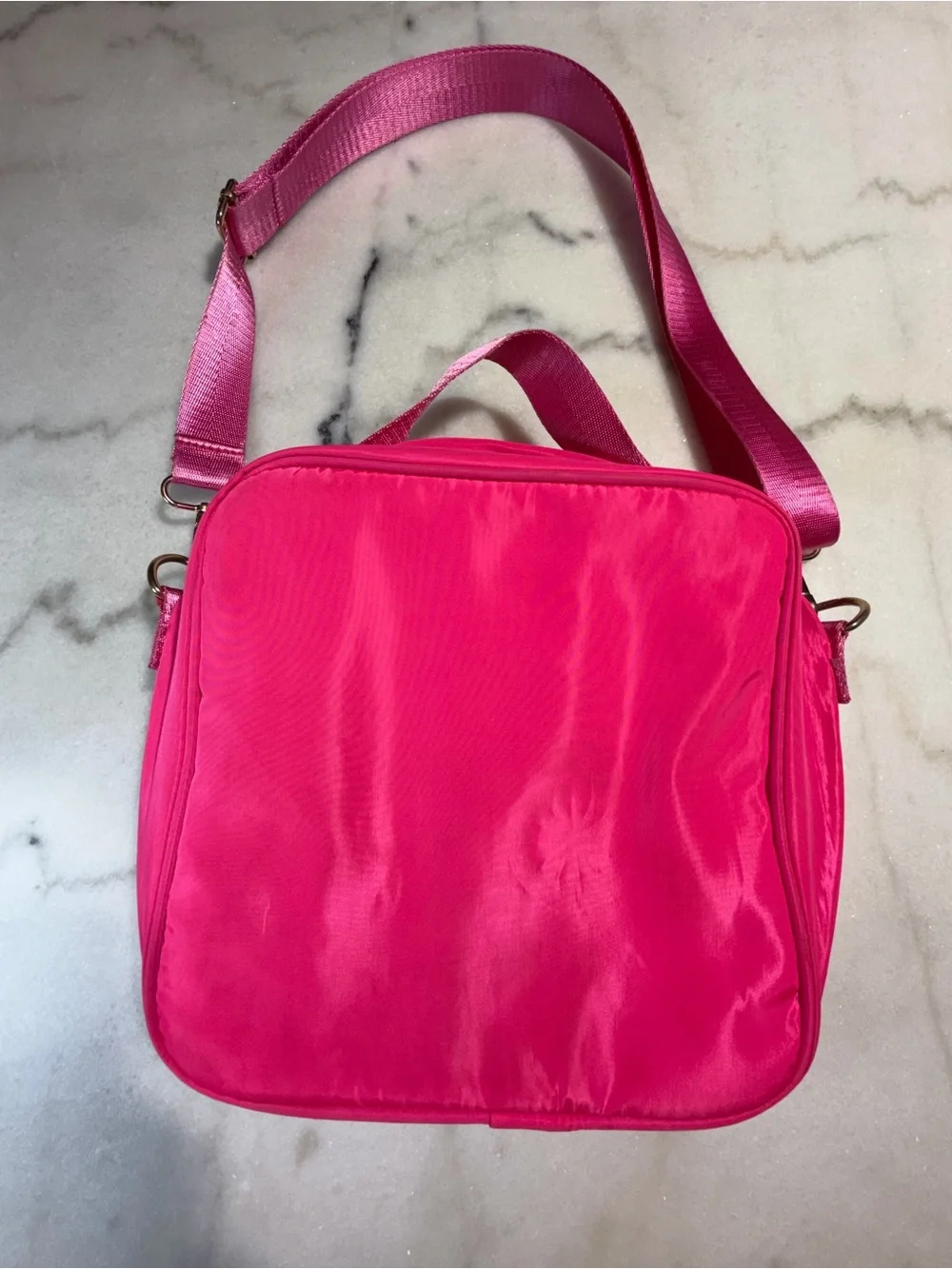 Hot Pink 'LUNCH' Box Crossbody Bag with Smiley Patch